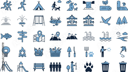 Outdoor recreation and park activity icons set featuring camping, hiking, playground, nature, wildlife, fishing, and leisure environment concepts