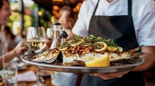 On the tray rests a whole grilled sea bream or dorade, garnished abundantly with lemon slices, fresh rosemary, and oregano