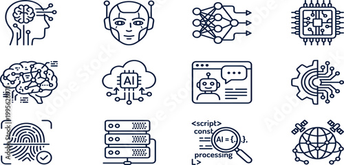 A set of outline icons representing artificial intelligence, machine learning, technology, data science, and digital innovation for modern web design