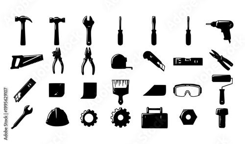 Construction and DIY tool icon vector set with hammer wrench screwdriver and workshop equipment