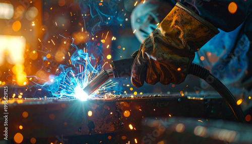 Welding Sparks: A skilled artisan meticulously welds metal, bathed in an industrial glow of sparks and fire, demonstrating the art of fabrication and construction.