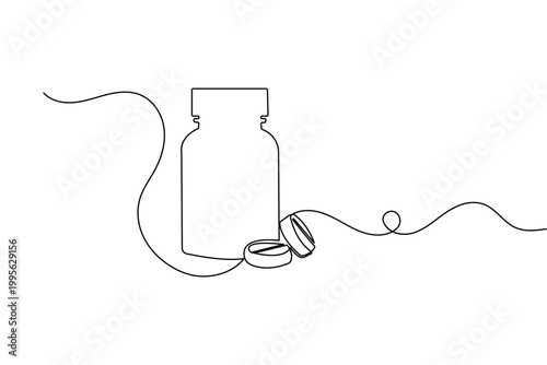 Medicine bottle and pills continuous one line drawing minimalist vector illustration