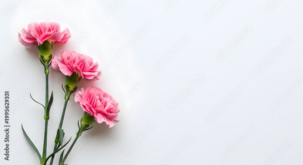 Fototapeta premium Three delicate pink carnations are positioned on a white background.