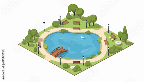 Isometric vector illustration of a tranquil park scene with a serene pond, elegant bridge, lush green trees, comfortable benches, and winding paths for outdoor relaxation and recreation