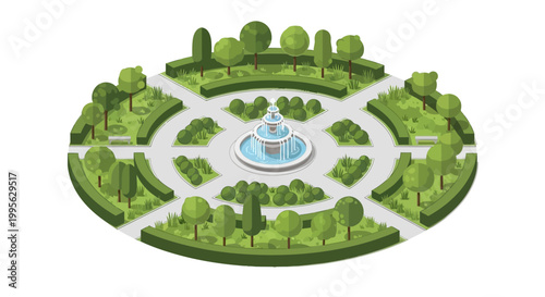 Beautiful formal garden design with a central fountain and manicured trees and hedges, offering a serene and elegant outdoor space