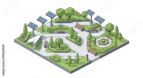 Isometric city park with solar panels and benches, illustrating a sustainable urban green space and recreational area for the community