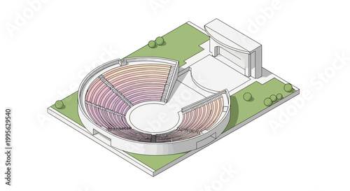 Isometric illustration of an open-air amphitheater with tiered seating and a stage, showcasing a classic architectural design