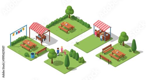 Isometric vector illustration of a recreational park featuring various park elements like trees, ponds, benches, and garden ornaments, rendered with a clean, flat design and a vibrant green