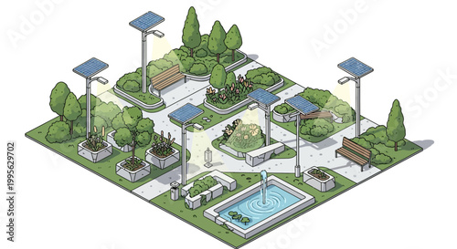 Isometric illustration of a recreational park featuring garden ornaments, ponds, and trees, with walking paths and park benches, rendered in a colorful, cartoon style against a white