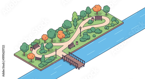 Isometric vector art showing a green recreational park with walking paths, trees, benches, and a pond, set against a clean white background with a cheerful and inviting mood