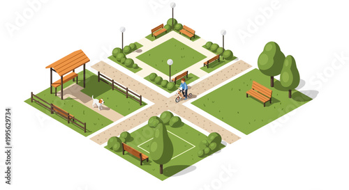 Isometric illustration of a recreational park showcasing people enjoying the green space and garden ornaments, rendered in a bright, flat vector style against a clean white background