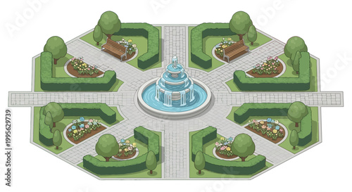 Isometric vector art of a recreational park featuring a central tiered fountain surrounded by flower beds and trimmed hedges, with a clean design and light, airy color palette