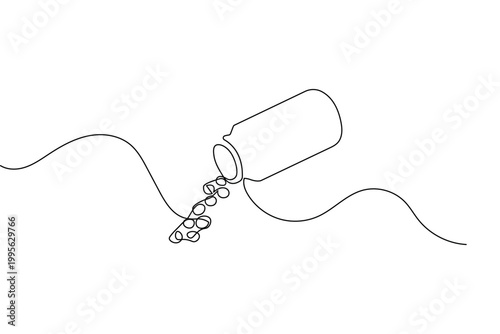 Medicine bottle and pills continuous one line drawing minimalist vector illustration