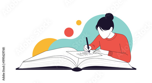 Young girl sitting and writing notes in a massive open book with colorful abstract shapes in the background for education and learning.
