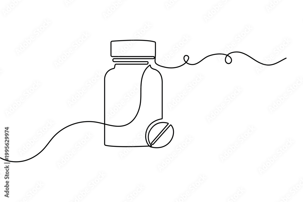 Obraz premium Medicine bottle and pills continuous one line drawing minimalist vector illustration