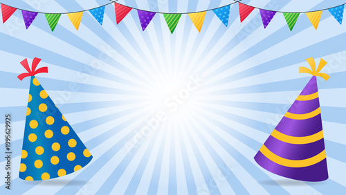 Festive Party Background with Blue Sunburst Pattern Colorful Bunting and Birthday Party Hats