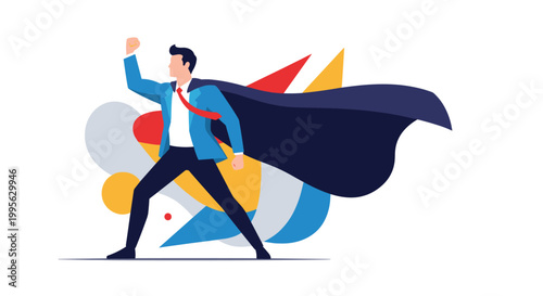 Confident businessman standing in a heroic pose with a flowing superhero cape against vibrant abstract geometric shapes for leadership.