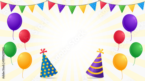 Birthday Party Banner with Colorful Balloons Bunting and Party Hats on Sunburst Background
