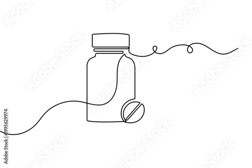 Medicine bottle and pills continuous one line drawing minimalist vector illustration
