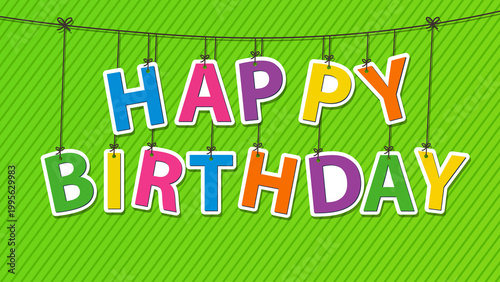 Happy Birthday Text Hanging on Green Background with Bunting and Diagonal Stripes