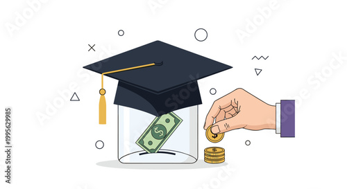Person putting a gold coin into a glass jar filled with dollar bills and topped with a graduation cap for education savings concept.