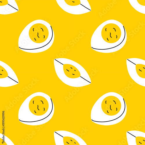 Vector seamless pattern with boiled egg half on bright yellow background. Cute breakfast and protein food egg print for kitchen textile, wrapping paper, packaging and healthy meal design.