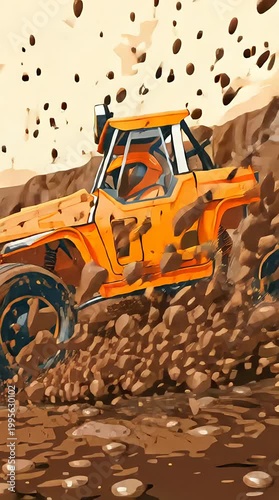 Digital illustration of an orange off-road vehicle driving through rugged terrain with mud and rocks splashing around it.