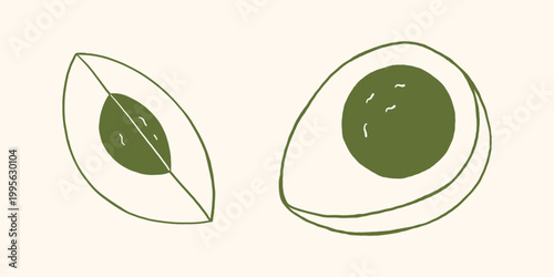 Vector monochrome green hand drawn doodle outline set of boiled egg halves. Sketch minimal rounded slices with yolk for healthy breakfast design, nutrition poster, cafe menu and playful food graphic.