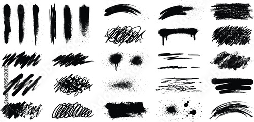 Abstract collection of black paint brush strokes ink splashes and grunge textures for artistic graphic design projects