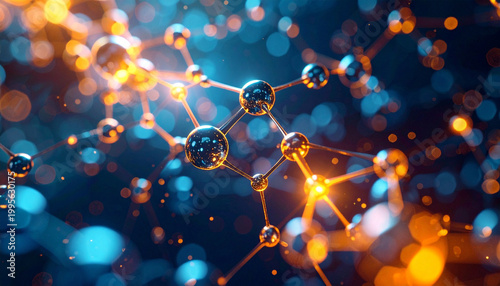 Abstract Molecular Structure Visualization with Glowing Particles and Blue and Orange Bokeh Lighting