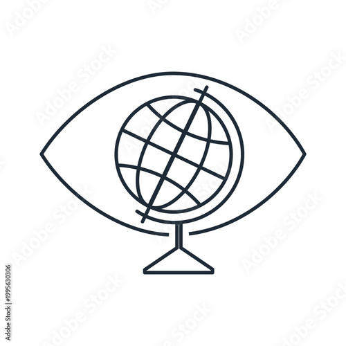 The union of the eye and the globe. The ability to see the big picture, to foresee, to understand the interconnections on a global scale.Vector linear icon illustration isolated on white background.