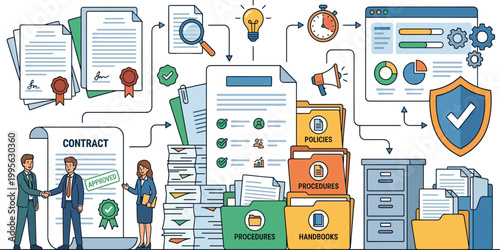 Business compliance, contract management, document filing, and corporate policies procedure illustration with professional people in an office setting