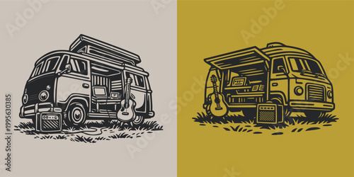 Vintage Camper Van Road Trip Adventure Illustration