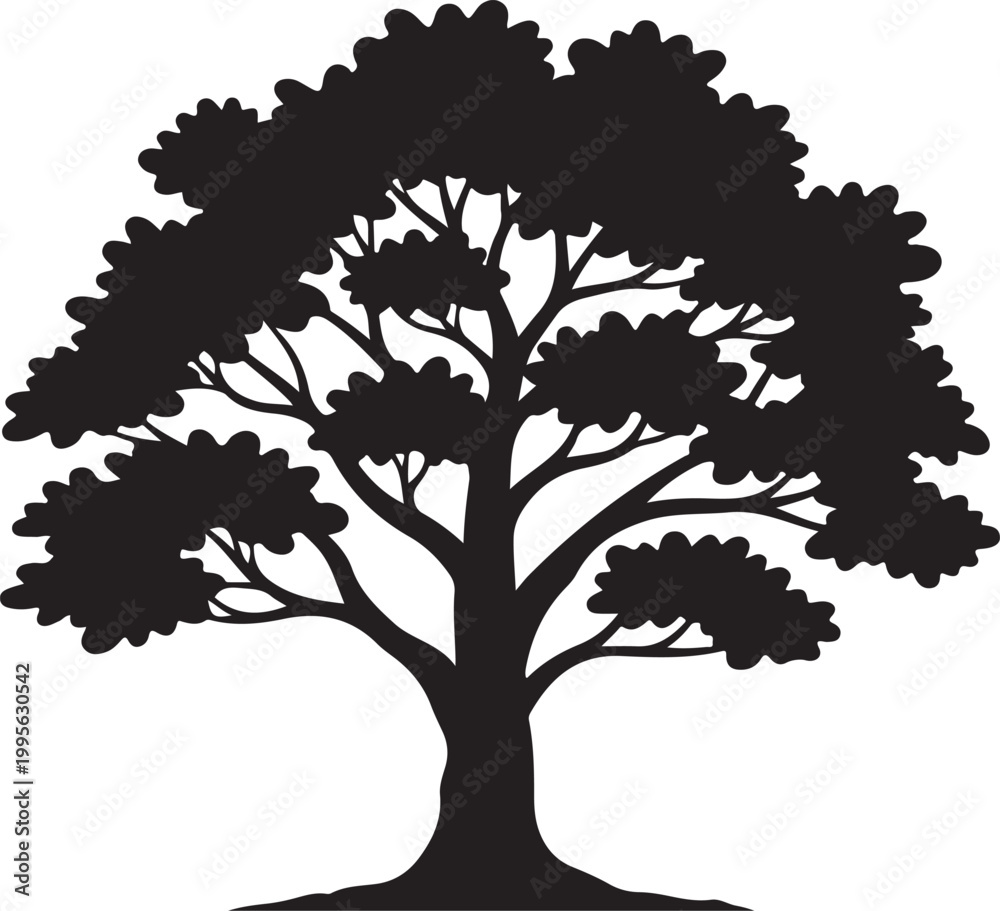 Fototapeta premium Black Tree Silhouette Icon Isolated on White Background - Oak or Maple Vector Illustration