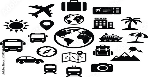 Collection of black and white travel and tourism icons featuring transportation destinations landmarks and vacation planning elements.