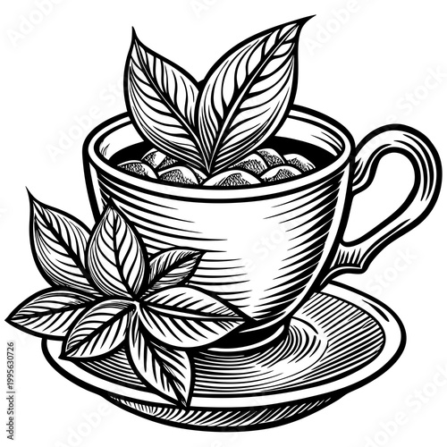 A black and white illustration of a teacup filled with coffee beans and leaves on a saucer, with a few leaves on the side, in a detailed line drawing style.