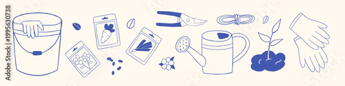 Vector spring set of blue gardening tools in hand drawn outline sketch monochrome style. Bucket with glove, seed packet, pruner, rope, watering can, sprout and glove for farm and organic agriculture.