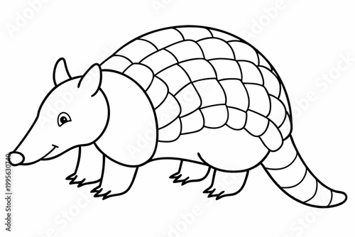 A cute cartoon armadillo with a shell, walking and looking around with curiosity, in a simple line drawing style on a white background.