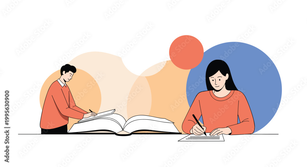 Fototapeta premium Young man and woman students sitting together and studying with large open books and taking notes for academic success and learning.