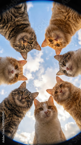 Group of Cats Looking Up at the Sky with Lively Expressions, Surrounded by Fluffy Clouds and a Bright Blue Sky, Capturing Their Playful Nature