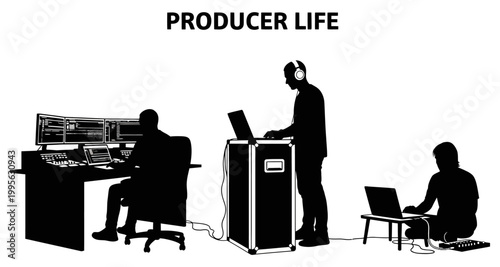 Music producers working in studio with audio equipment and laptops