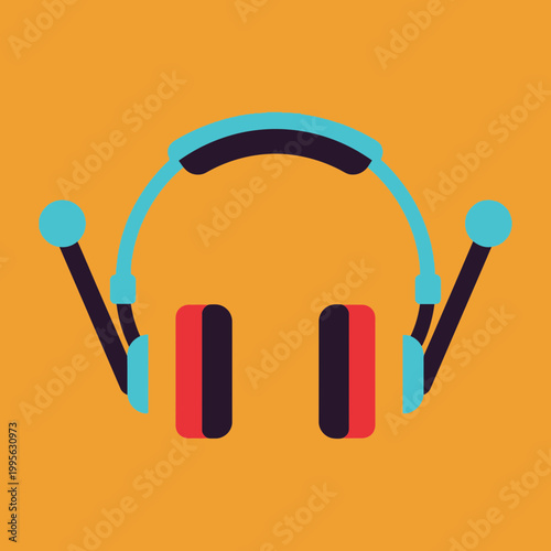 Retro Futuristic Stylized Headphones Illustration with Antennas on Orange Background, Flat Vector Design for Podcast, Gaming, and Communication Technology