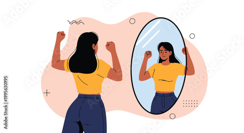 Confident woman looking at her reflection in a mirror and seeing a strong muscular version of herself for self-esteem and fitness goals.