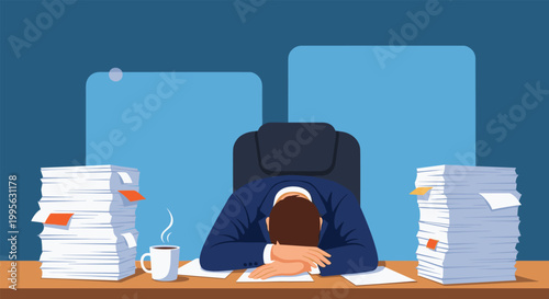 Exhausted businessman sleeping on his office desk between tall stacks of paper documents representing overtime and burnout.
