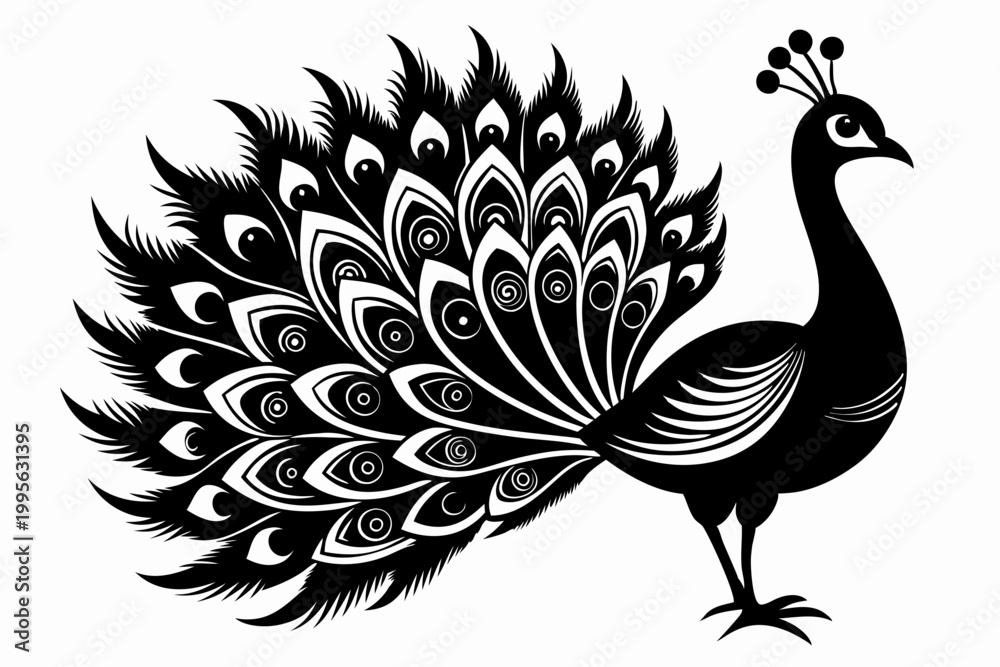 Fototapeta premium A stunning black and white illustration of a peacock with its majestic feathers spread wide, showcasing intricate details and patterns on a clean background.