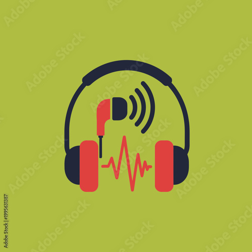 Flat Design Audio Icon Set Featuring Headphones Earbuds and Sound Waves on Green Background