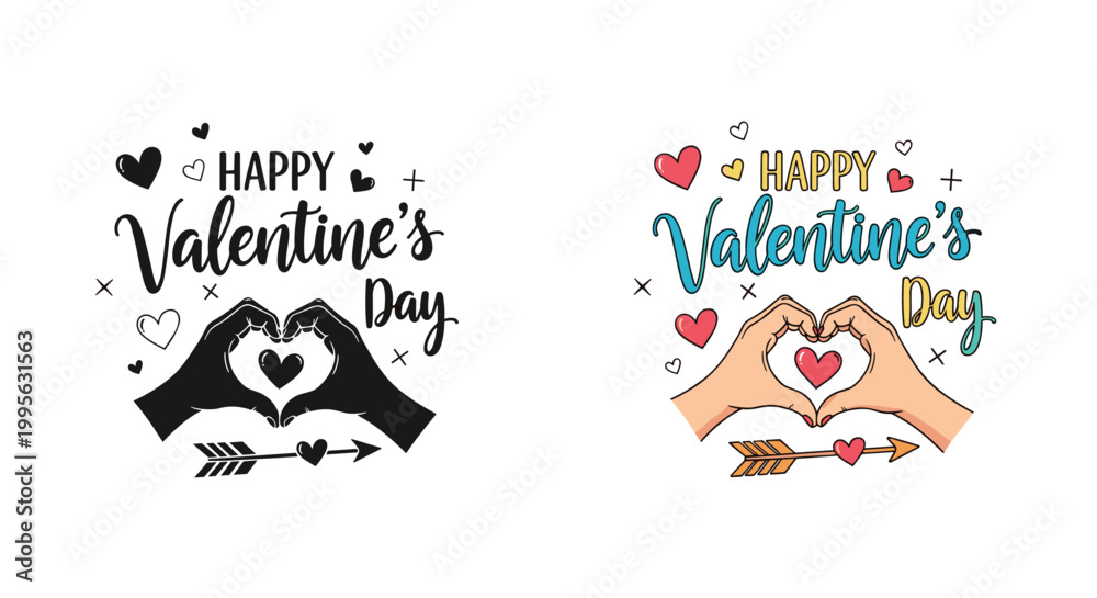 Fototapeta premium Romantic Valentine Day greeting design featuring two versions of hands forming a heart shape accompanied by decorative hearts and an arrow icon.