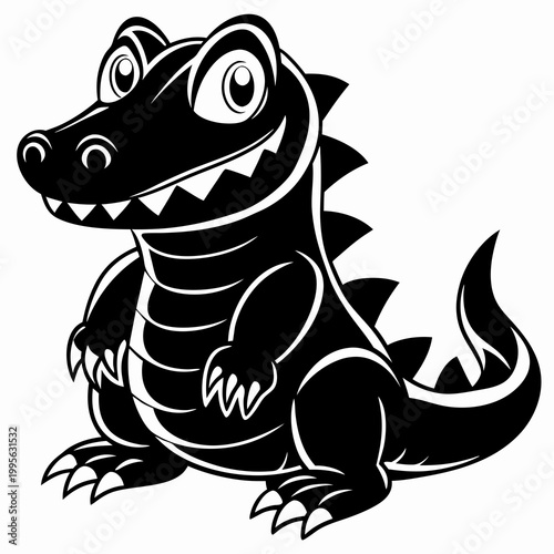 A cute cartoon alligator with a big smile and sharp teeth, sitting on its haunches, looking friendly and approachable with a playful expression.