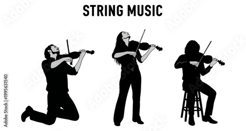 Musicians playing violins in silhouette against a white background with "String Music" text