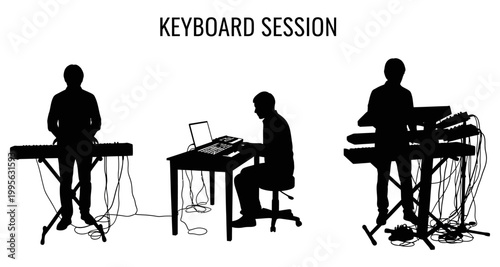Musicians silhouette playing electronic keyboards during a music production session